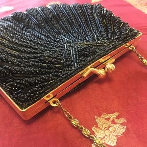La Regale Vintage Black & Gold Beaded Evening Bag